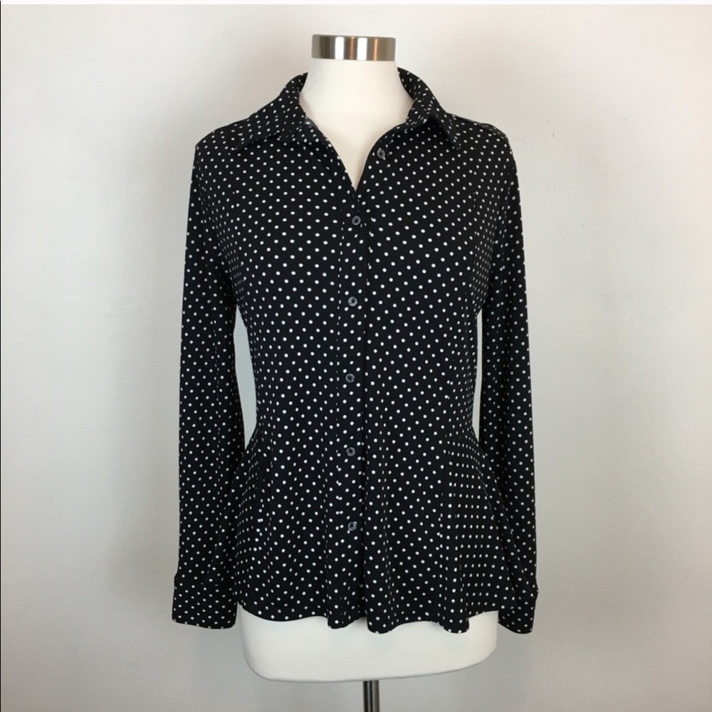 Roz and Ali Black polka dot button up peplum shirt
